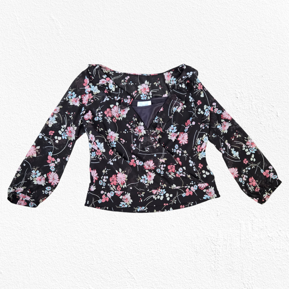 LOFT Brown Floral Cottage Bishop Sleeve V Neck Cropped Wrap Blouse Size 6 - Picture 2 of 10